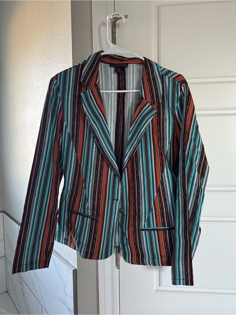 Rock & Roll Cowgirl Striped Blazer in Turquoise, Rust & Black